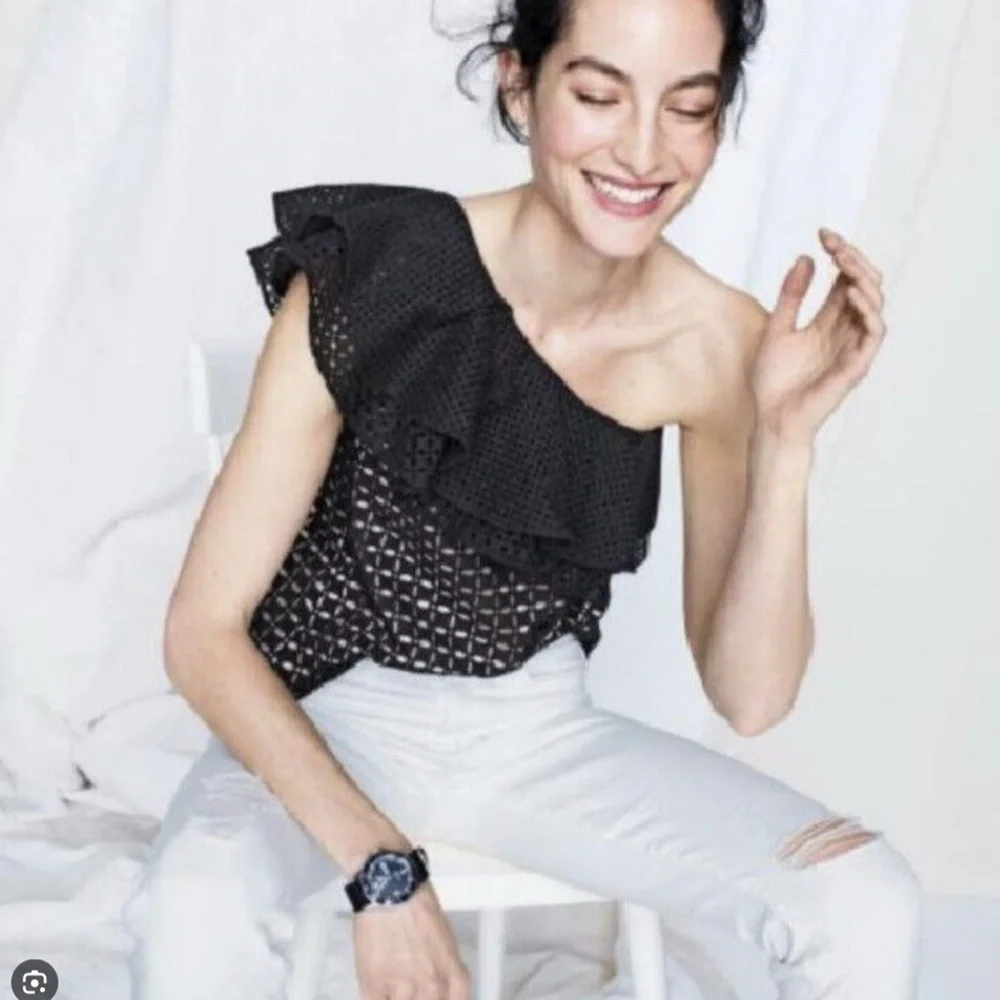NWT J. Crew One Shoulder Eyelet Top‎ in Black.